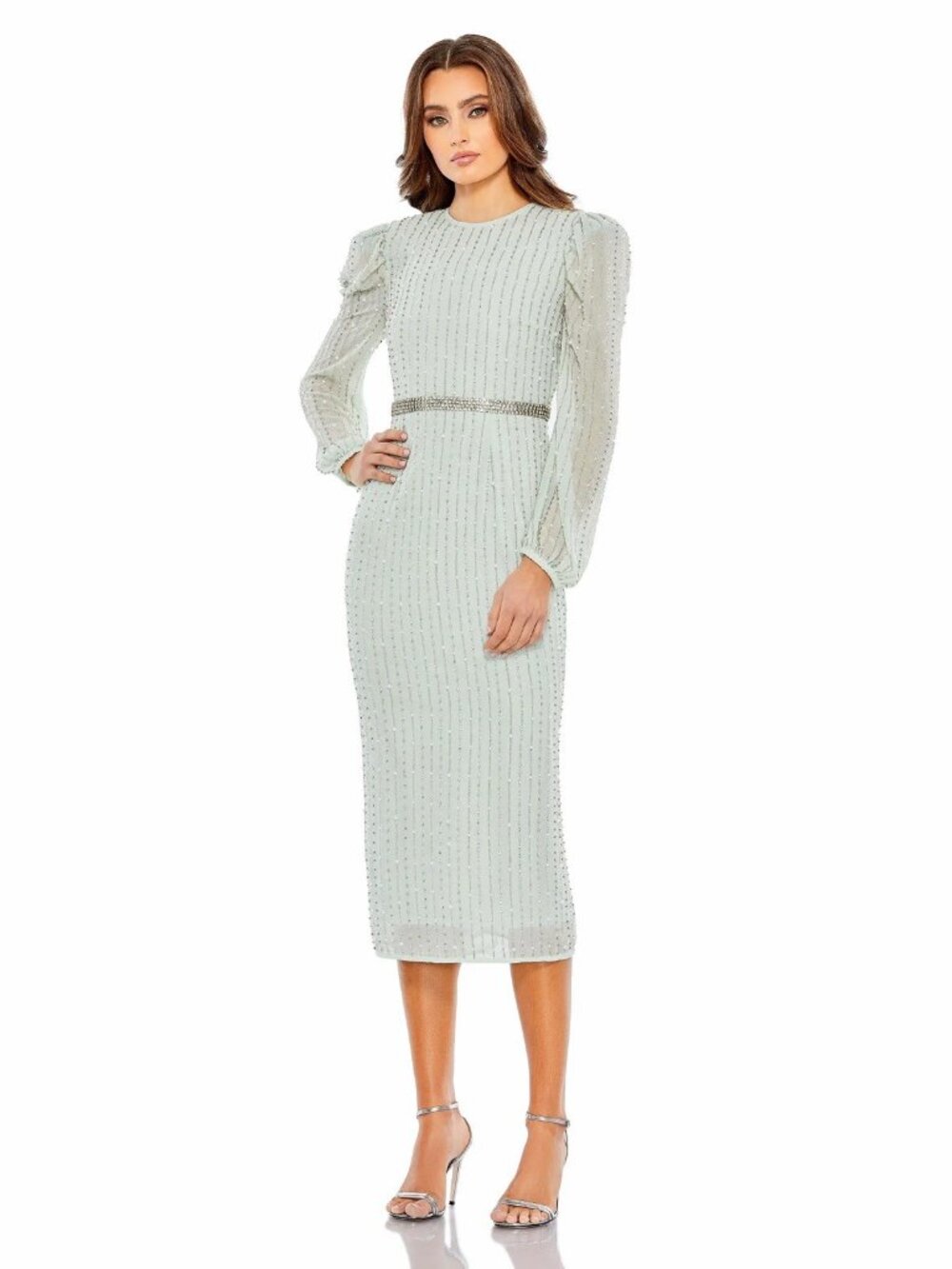 MAC DUGGAL Size 4 Mint Green 93622 Long Puff Sleeve Beaded Midi Cocktail Dress